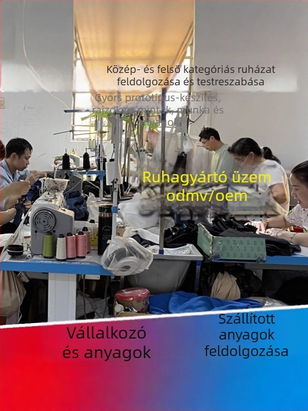 Testreszabott szövött ruhagyártás hímzéssel, minták és rajzok szerinti feldolgozás, kapacitás 1111 darab, fő anyagok: pamut és kötött pamut