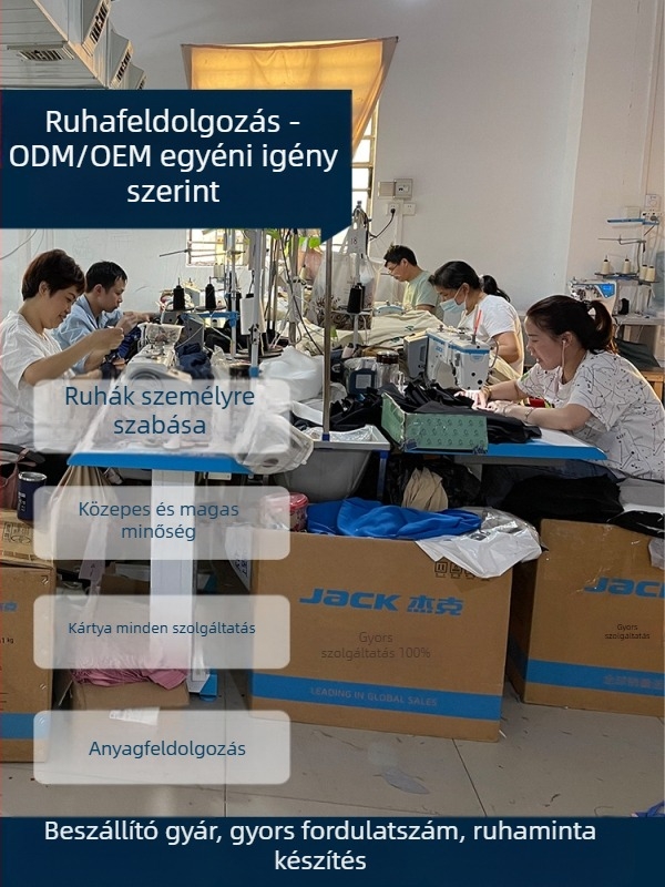 Testreszabott szövött ruhagyártás hímzéssel, minták és rajzok szerinti feldolgozás, kapacitás 1111 darab, fő anyagok: pamut és kötött pamut