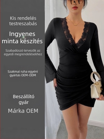 Poliészter anyagú csipkés ruha, V-nyakkal, hosszú, bő ujjas kivitel, magas derékkal