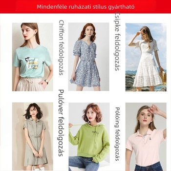 Női ruházat egyedi gyártása kötött és szövött anyagokból — kis tétel, mintakészítés rajzokról és mintákról, nyomtatás és hímzés.