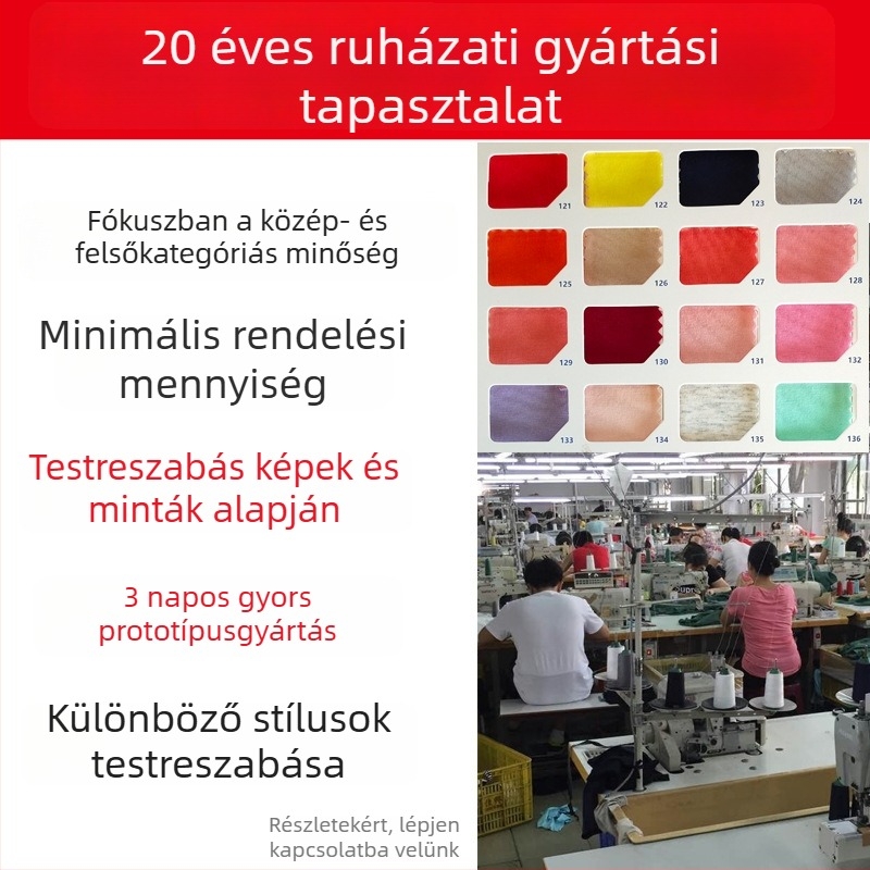 Női ruházat egyedi gyártása kötött és szövött anyagokból — kis tétel, mintakészítés rajzokról és mintákról, nyomtatás és hímzés.