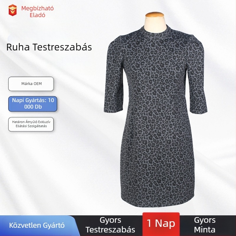 Leopard mintás midi ruha poliészterből, kerek nyakú, cipzárral