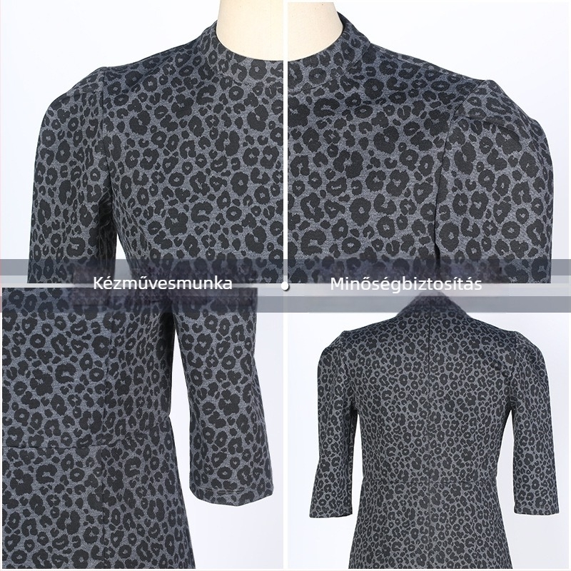 Leopard mintás midi ruha poliészterből, kerek nyakú, cipzárral