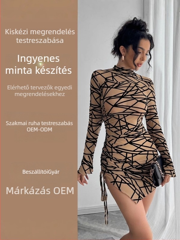 Női mini ruha kockás mintával, álló gallérral, hosszú ujjú, magas derékkal, cipzárral
