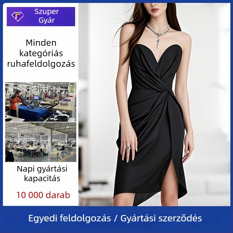 Menyasszonyi ruha egyedi feldolgozása — plisírozás, hasító pántok, karcsú vonal; OEM gyártás rajz alapján; 7 napos próbaidő; kapacitás akár 10 000 darab.