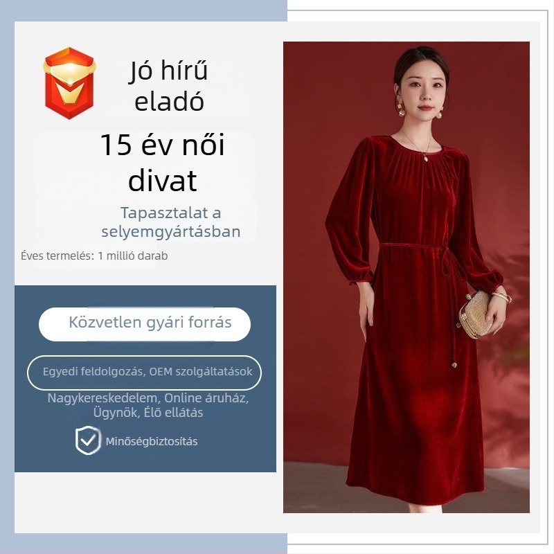 Női selyem bársonyruha – egyszínű, midi hosszú, kerek nyakú, 3/4-es ujjú, elegáns és időtálló