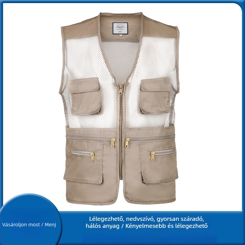 Férfi nyári mellény, légáteresztő, vékony, cipzáros, V-nyakú, laza szabás, több zsebbel, alkalmas minden évszakra, anyag 60% spandex keverékű, akril bélés