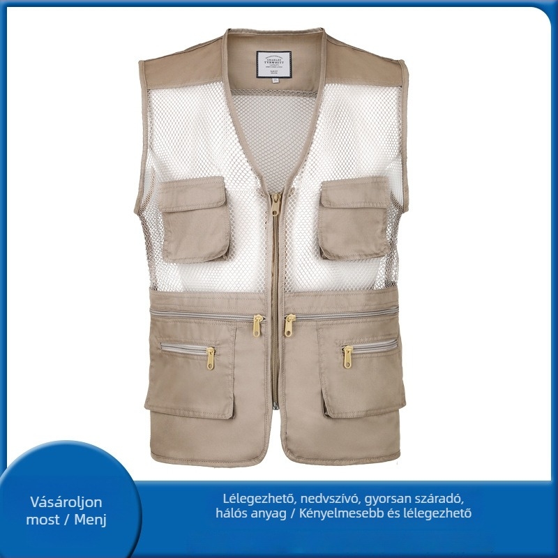 Férfi nyári mellény, légáteresztő, vékony, cipzáros, V-nyakú, laza szabás, több zsebbel, alkalmas minden évszakra, anyag 60% spandex keverékű, akril bélés