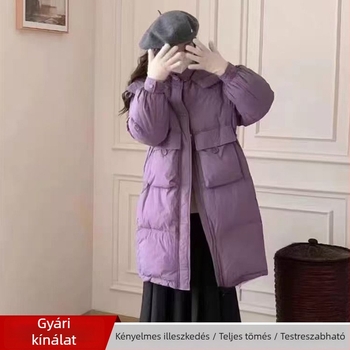Női koreai stílusú vastag kapucnis pehelykabát, középhosszú, térd feletti hosszúság, őszi-téli