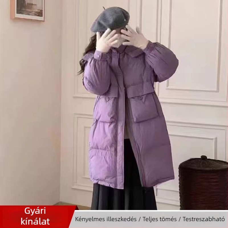 Női koreai stílusú vastag kapucnis pehelykabát, középhosszú, térd feletti hosszúság, őszi-téli