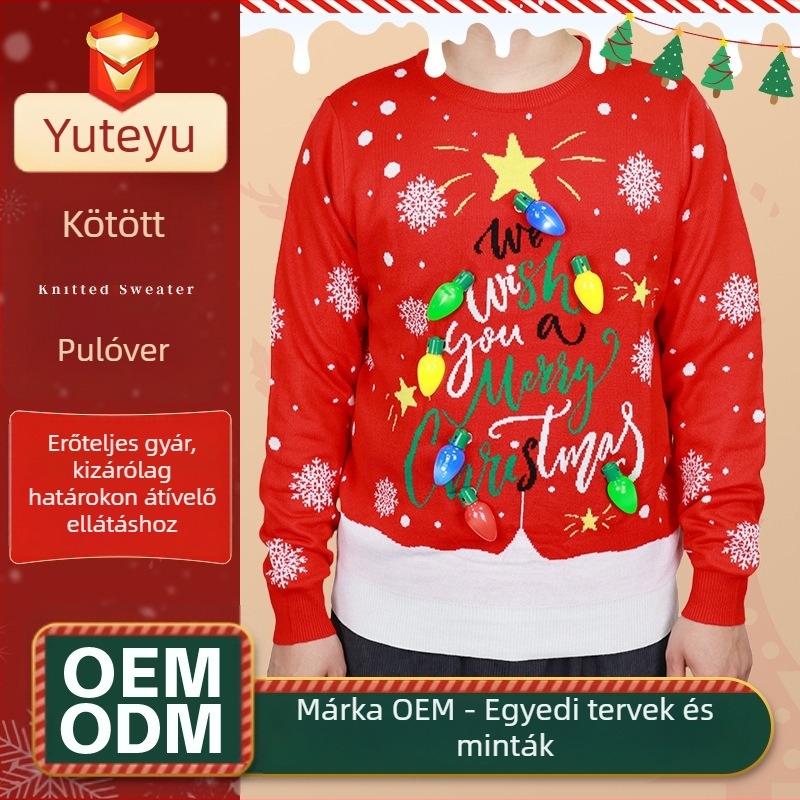 Női karácsonyi pulóver, jacquard mintás, állatmintás, karcsúsított fazon, kerek nyak, akril–pamut keverék, hossz 50-65 cm, tavasz 2025