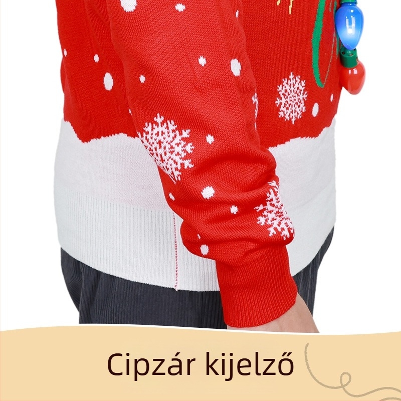 Női karácsonyi pulóver, jacquard mintás, állatmintás, karcsúsított fazon, kerek nyak, akril–pamut keverék, hossz 50-65 cm, tavasz 2025
