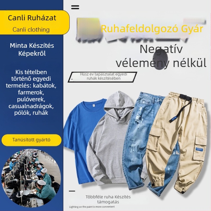 Logóval ellátott munkaruha pulóver és kötött póló – OEM feldolgozás rajzok alapján, 3 napos próbaidő; kapacitás 3000 db/nap; anyagok: pamut, gyapjú, poliészter, denim