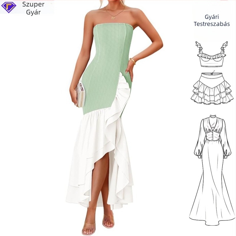 Koktélruha T-típusú sziluettel, rövid szabálytalan fazonú szoknya, kerek nyakú, pamut-keverék anyagból