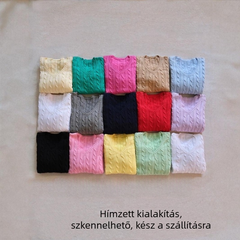Pamutból készült, karcsú szabású V-nyakú pulóver, állatmintás hímzéssel, hosszú ujjú