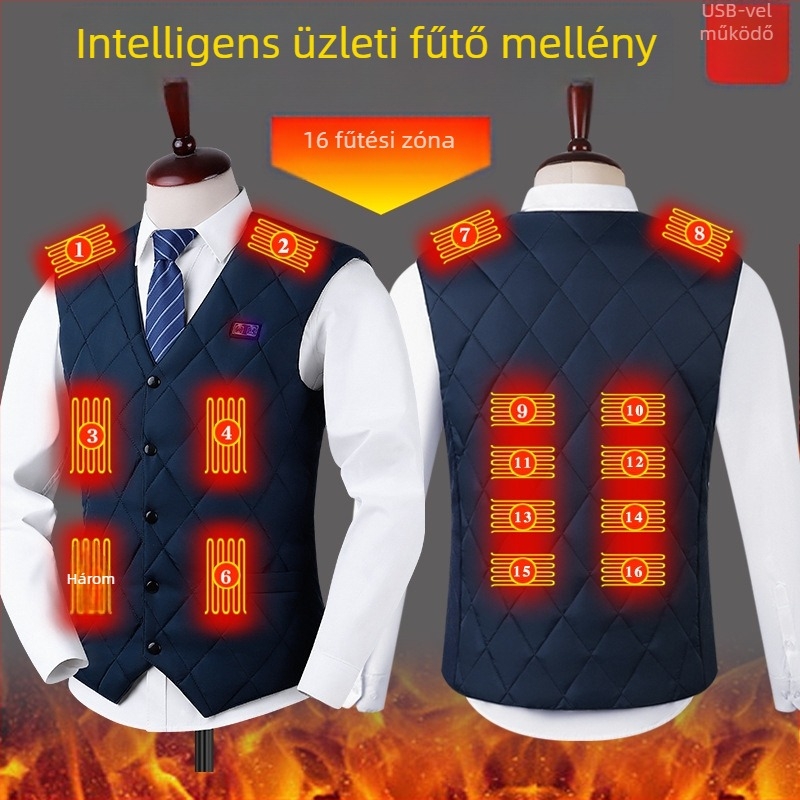 16-zónás intelligens fűtőmellény, USB-s fűtés állandó hőmérséklettel, pamut töltet, nylon anyag