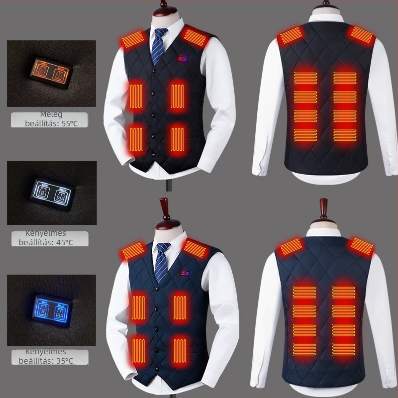16-zónás intelligens fűtőmellény, USB-s fűtés állandó hőmérséklettel, pamut töltet, nylon anyag