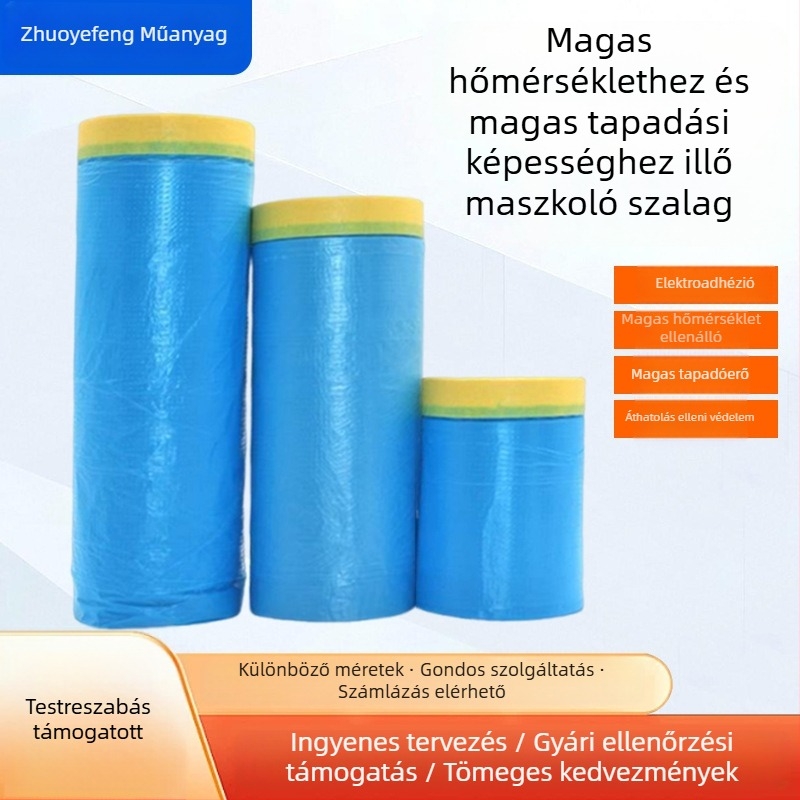 Autófestéshez használt magas hőállóságú maszkoló film — PE film és magas tapadó maszkoló szalag, nem leválik, vastagság 0.006–0.008 mm