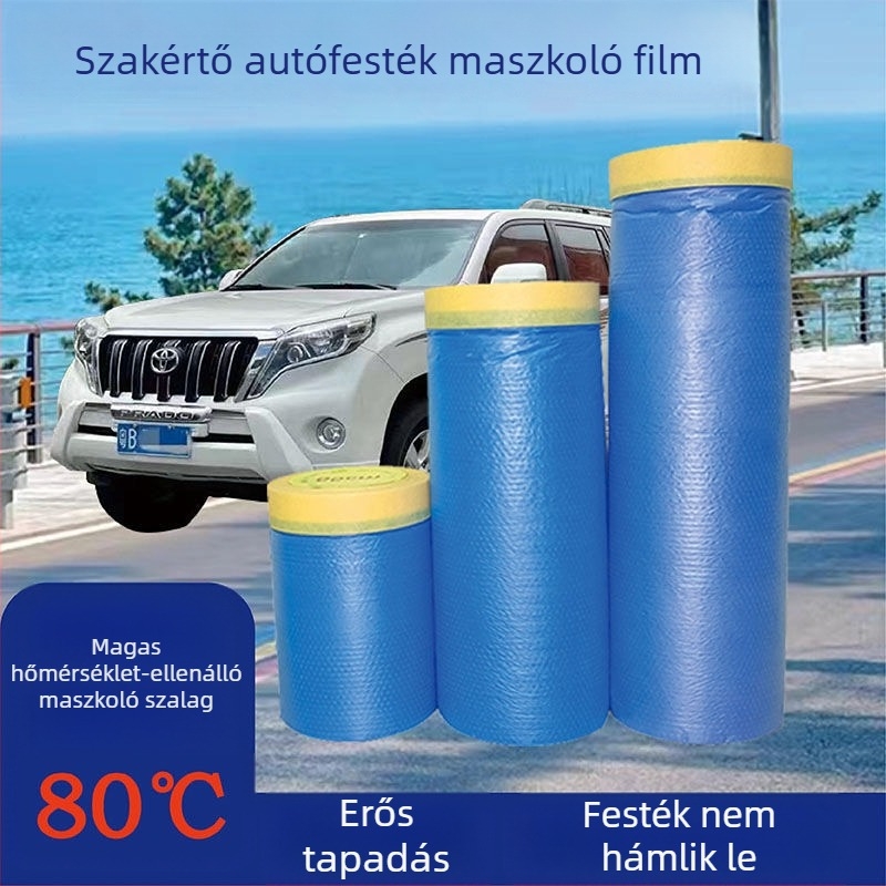 Autófestéshez használt magas hőállóságú maszkoló film — PE film és magas tapadó maszkoló szalag, nem leválik, vastagság 0.006–0.008 mm