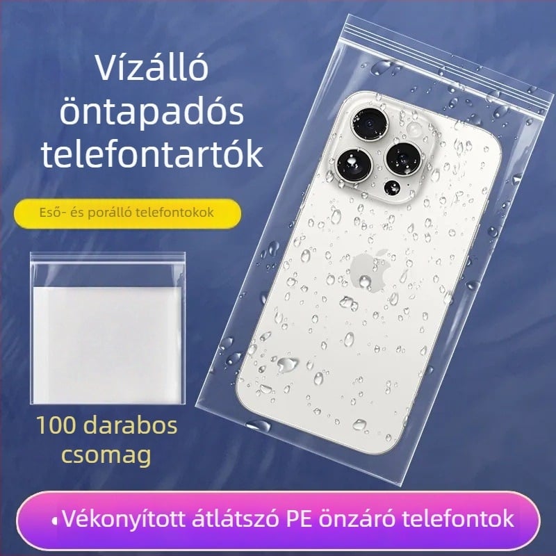 Átlátszó vízálló tasak mobiltelefonhoz, porvédett, önzáró, érintőképernyővédelmet nyújtó, egyalkalmas esőálló záró taska (Leehan • Yiwu • Anyag: Új anyag • Zárás hossza: 1–1,5 cm)