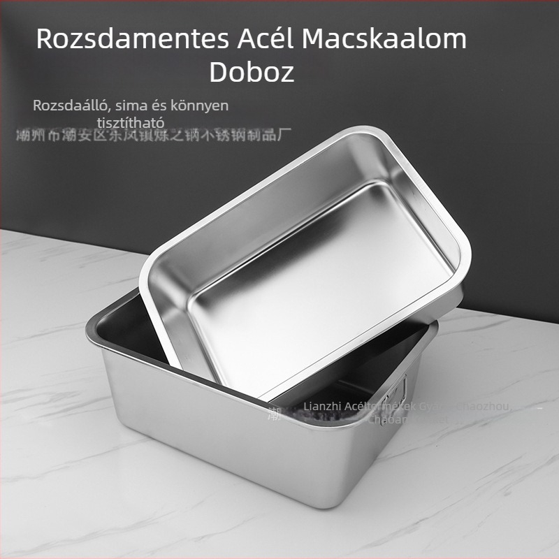 Macskaalmotál 201-es rozsdamentes acélból, vastagított, négyszögletes, nyitott kivitel, macskáknak és kutyáknak