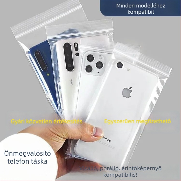 Erősített záródású zacskó mobiltelefonhoz – víz- és porálló, érintőképernyő-kompatibilis PE, záró hossz 1–1,5 cm