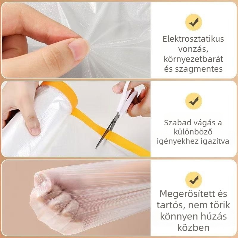 Egyszer használatos porvédő maszkoló film építkezéshez és autófestéshez, PE film, gumi ragasztó, alap mikropapír + film