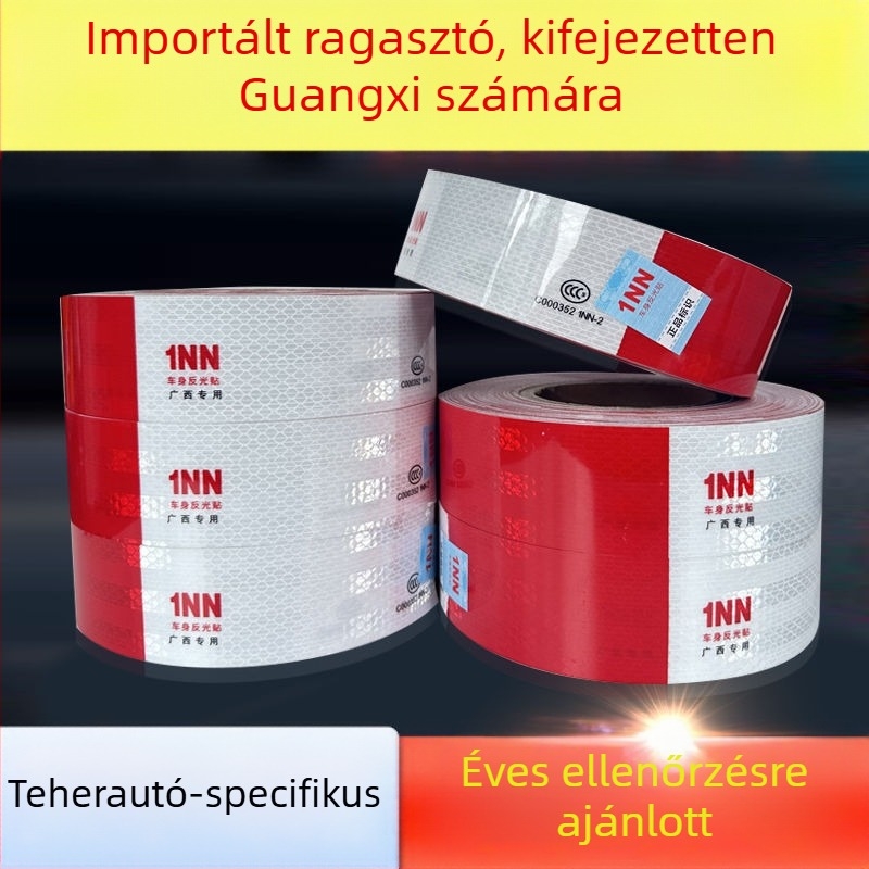 Teherautóhoz készült reflexiós figyelmeztető matrica, piros‑fehér, 5×30 cm, önragasztó, éves műszaki vizsga