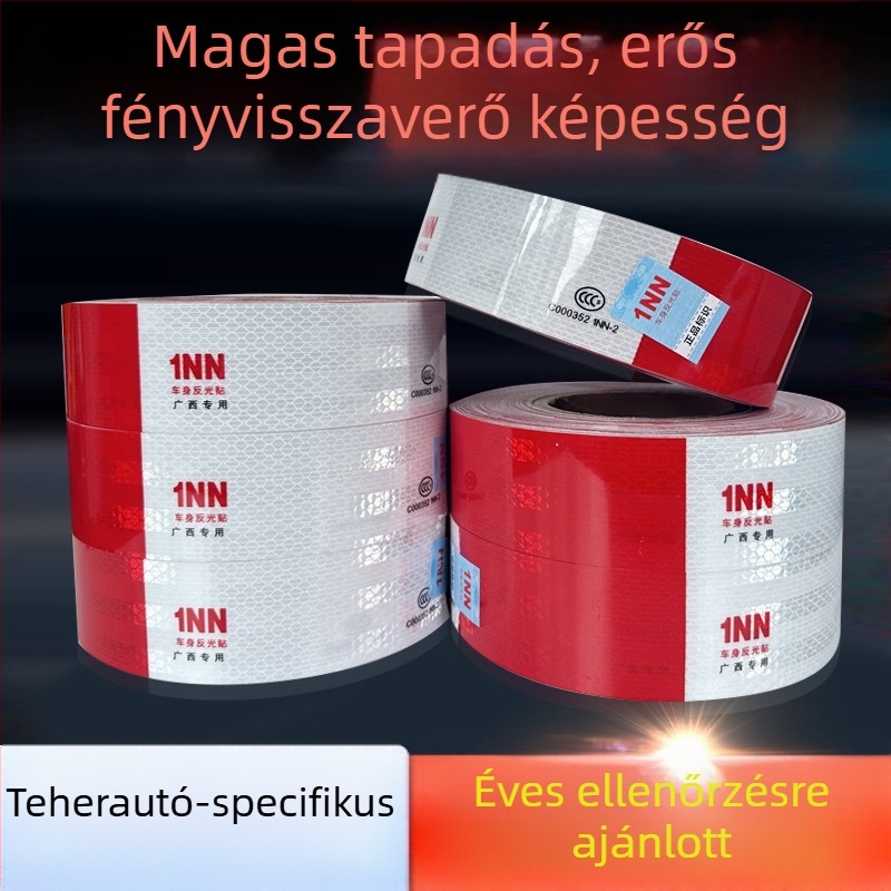 Teherautóhoz készült reflexiós figyelmeztető matrica, piros‑fehér, 5×30 cm, önragasztó, éves műszaki vizsga