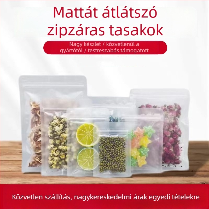 Lapos aljú snack zacskó, önzáró, háromoldali zárás, matt felület, anyag: OPP+PET+CPP