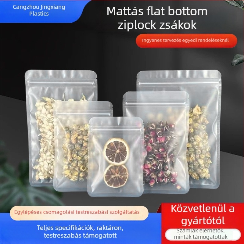 Lapos aljú snack zacskó, önzáró, háromoldali zárás, matt felület, anyag: OPP+PET+CPP