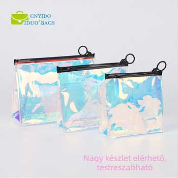 PVC holografikus színes, 3D cipzáras kozmetikai tároló táska, vízálló