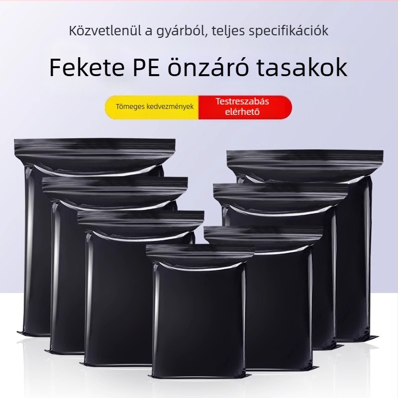 Fekete átlátszatlan ZIP-záras zacskó, fényvédett, zárt műanyag csomagolás, magánéletvédelmi csomagolás, nagykereskedelem