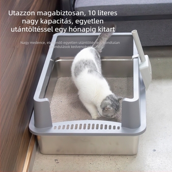 Félig zárt rozsdamentes acél macskaalomtálca, extrán nagy méret, 70×50 cm, fröccsenés elleni védelem, kiemelt és vastagított kialakítás, nagy kapacitás