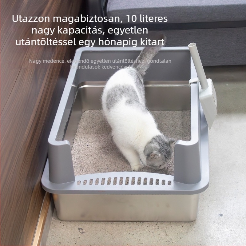 Félig zárt rozsdamentes acél macskaalomtálca, extrán nagy méret, 70×50 cm, fröccsenés elleni védelem, kiemelt és vastagított kialakítás, nagy kapacitás