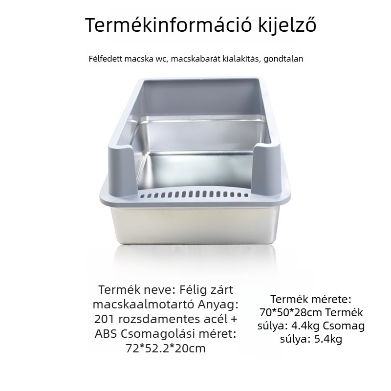 Félig zárt rozsdamentes acél macskaalomtálca, extrán nagy méret, 70×50 cm, fröccsenés elleni védelem, kiemelt és vastagított kialakítás, nagy kapacitás