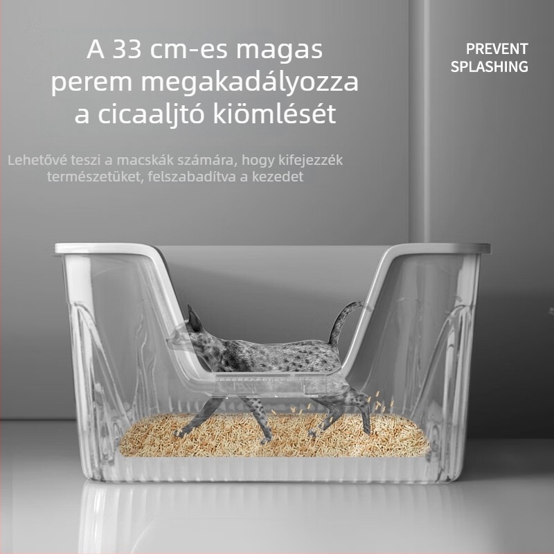 Extra nagy macskaalomtál, félig zárt kivitel, szórás elleni védelem, magas kerítés, nyitott kialakítás nagy macskáknak, hordozható