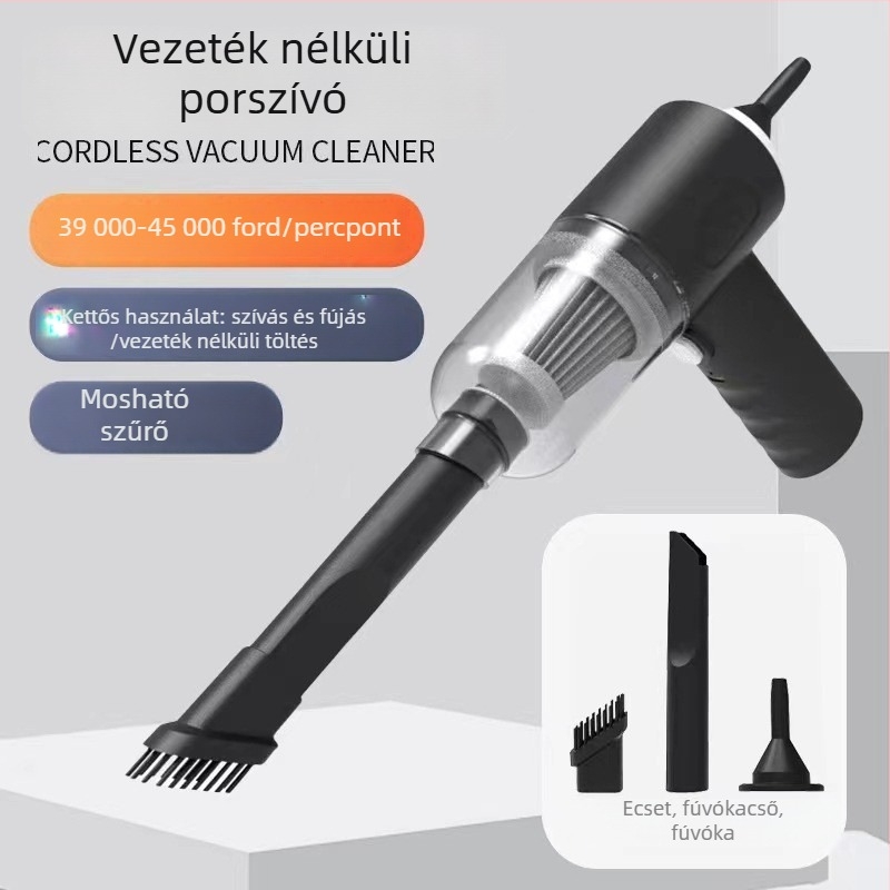 Kézi autóiporszívó, vezeték nélküli, kettős használat: szívás és fújás, 90W, 20000Pa, 10 perc üzemidő