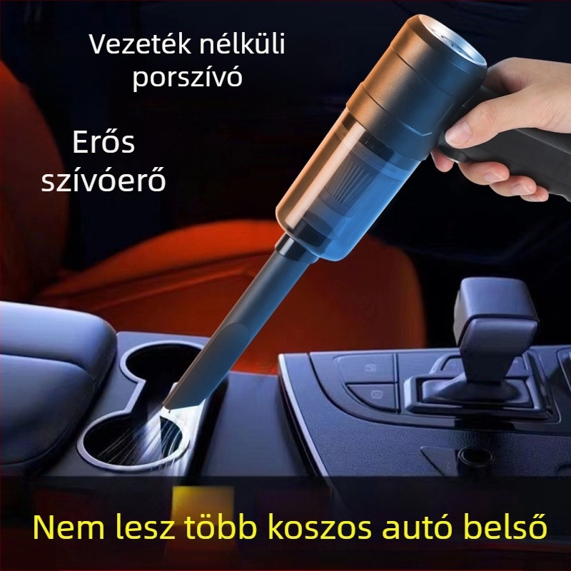 Autóba használható porszívó, vezeték nélküli USB-töltés, nedves és száraz használat, kézben tartható, 14W, beépített 2000mAh akkumulátor