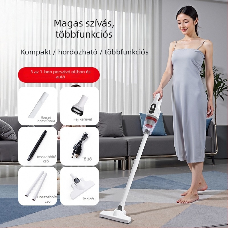 Kézi vezeték nélküli porszívó, USB töltés, 120W, 2‑az‑1‑ben tisztító és szívófej, beépített 1600mAh akkumulátor