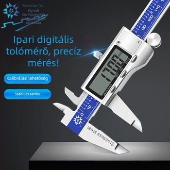 Digitális tolómérő rozsdamentes acélból, nagy kijelzővel, fém burkolattal és mélységmérő rúddal