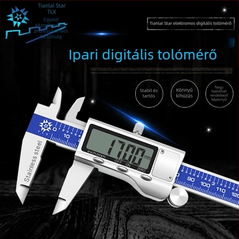 Digitális tolómérő rozsdamentes acélból, nagy kijelzővel, fém burkolattal és mélységmérő rúddal