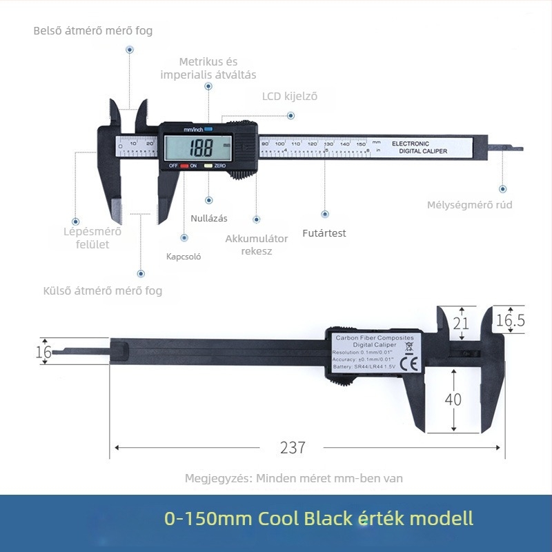 Precise digitális tolómérő, magas pontosság, 0–150 mm tartomány, nagy kijelző