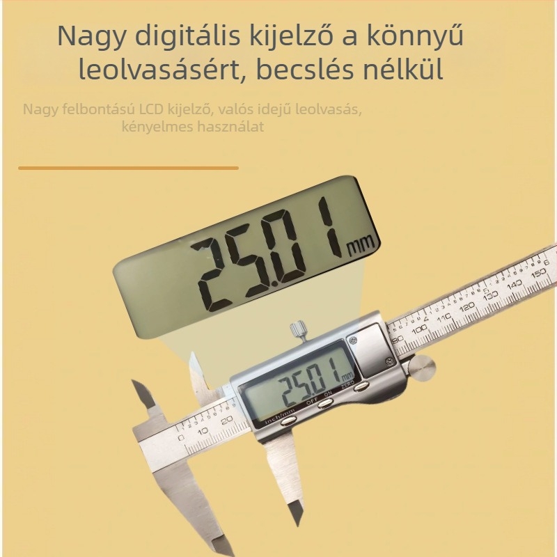 Kis méretű ipari digitális tolómérő, 0–150 mm, 0,01 mm felbontás, rozsdamentes acél, elektronikus mélységmérő