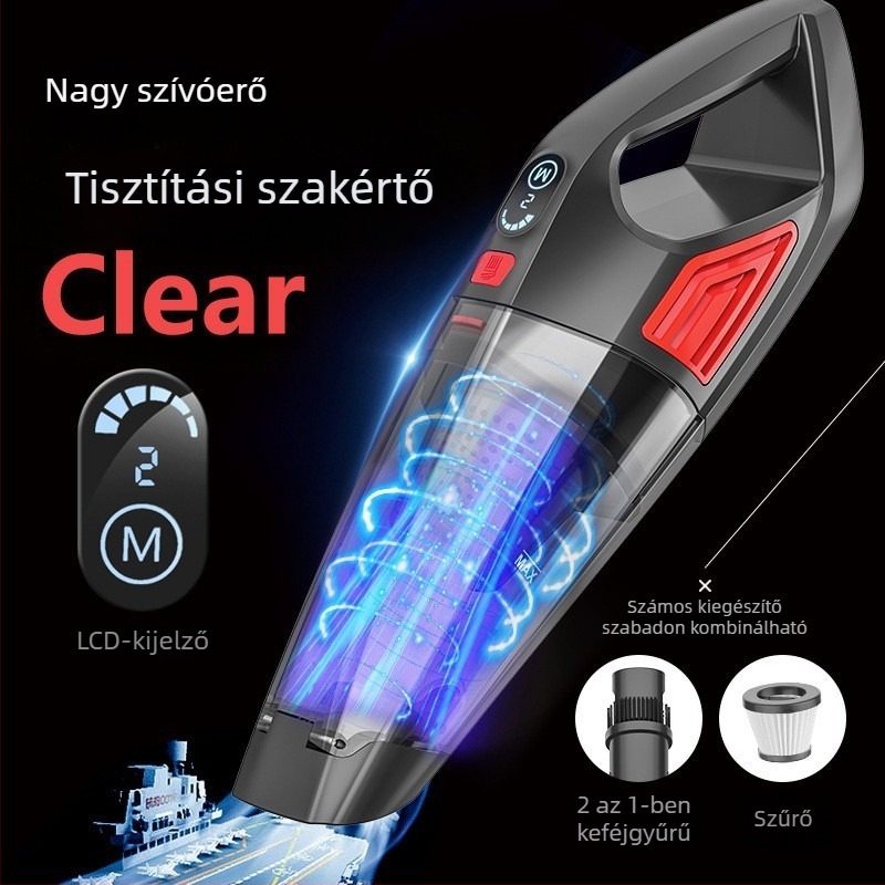 Kézi autóporszívó száraz–nedves használatra, 120 W, beépített 2500–3000 mAh akkumulátor, szívóerő 10–15 kPa
