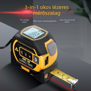 Három az egyben lézeres távolságmérő mérőszalaggal és keresztező lézerrel beltéri méréshez