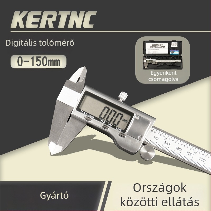 Digitális tolómérő cinkötvözetből készült testtel és műanyag házzal, tartomány 0-150 mm; külső átmérő, mélység és belső átmérő mérésére.