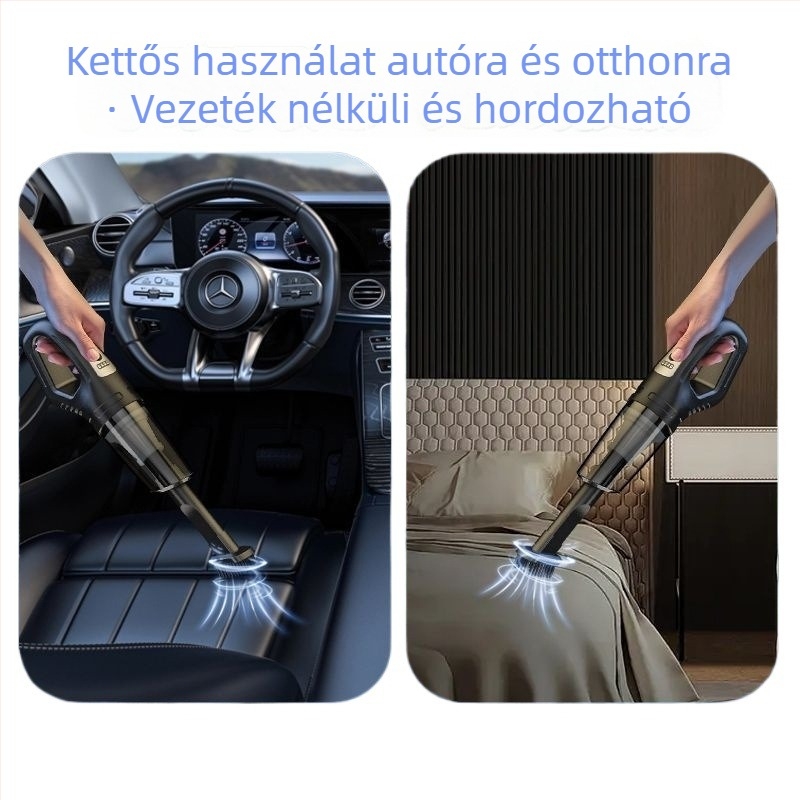 Kábel nélküli autó- és otthoni porszívó, 20000 Pa szívóerő, 300 W, 60+ perc üzemidő, újratölthető