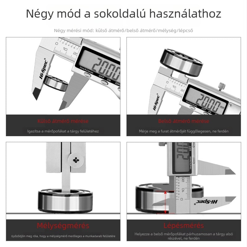 Hi-Spec ipari szintű digitális tolókaliper, nagy precizitású, rozsdamentes acél, kompakt méret