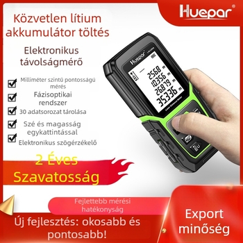 Kézi lézeres távolságmérő (tartomány 0,05–120 m, pontosság ±2 mm, IP54 védelem, méretei 112×50×25 mm, súlya 231 g)